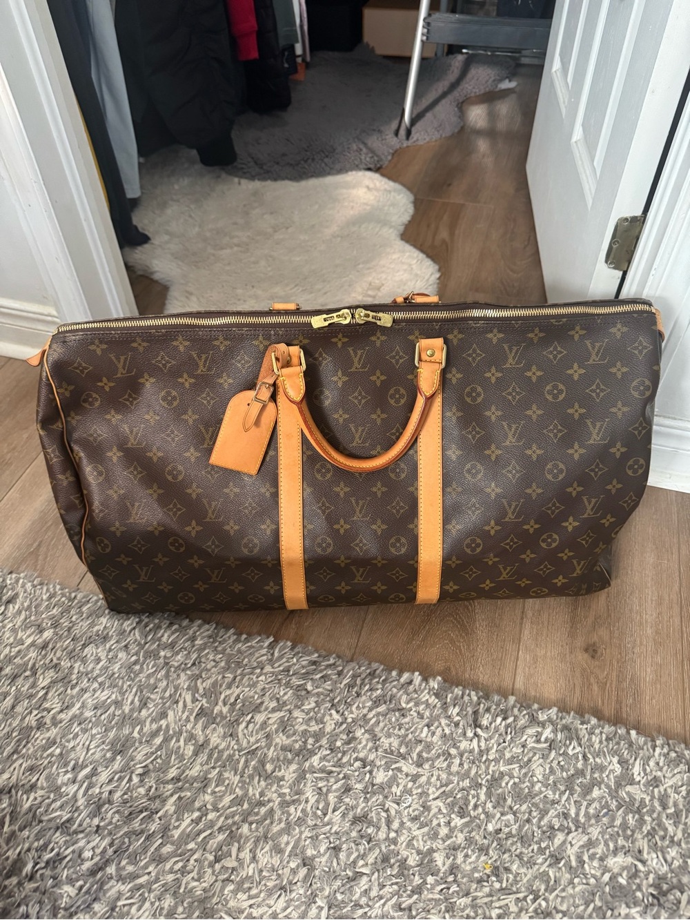 Authentic Louis Vuitton Brown Monogram Keepall 60 Travel Duffle with Tan Leather